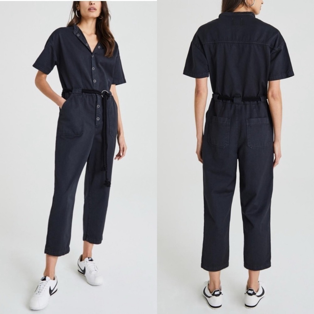 AG ADRIANO GOLDSCHMIED Emery Navy Utility Snap Front Belted Jumpsuit
